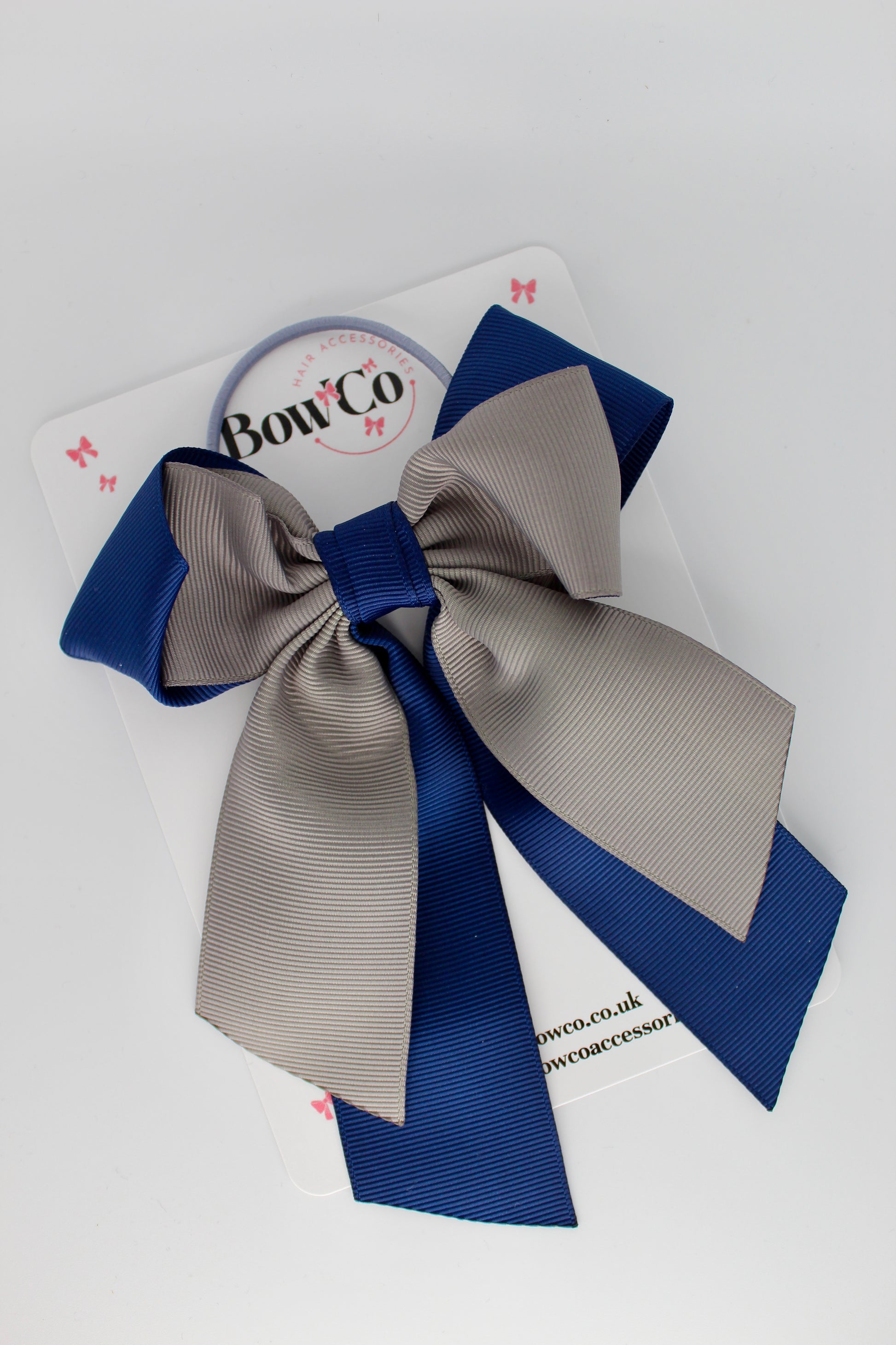 Layer Loop Tail Hair Bow - Elastic - Navy Blue and Metal Grey