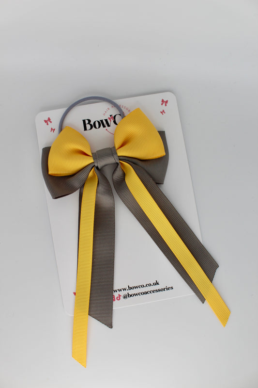 Streamer Tail School Hair Bow – Elastic - Metal Grey and Yellow Gold