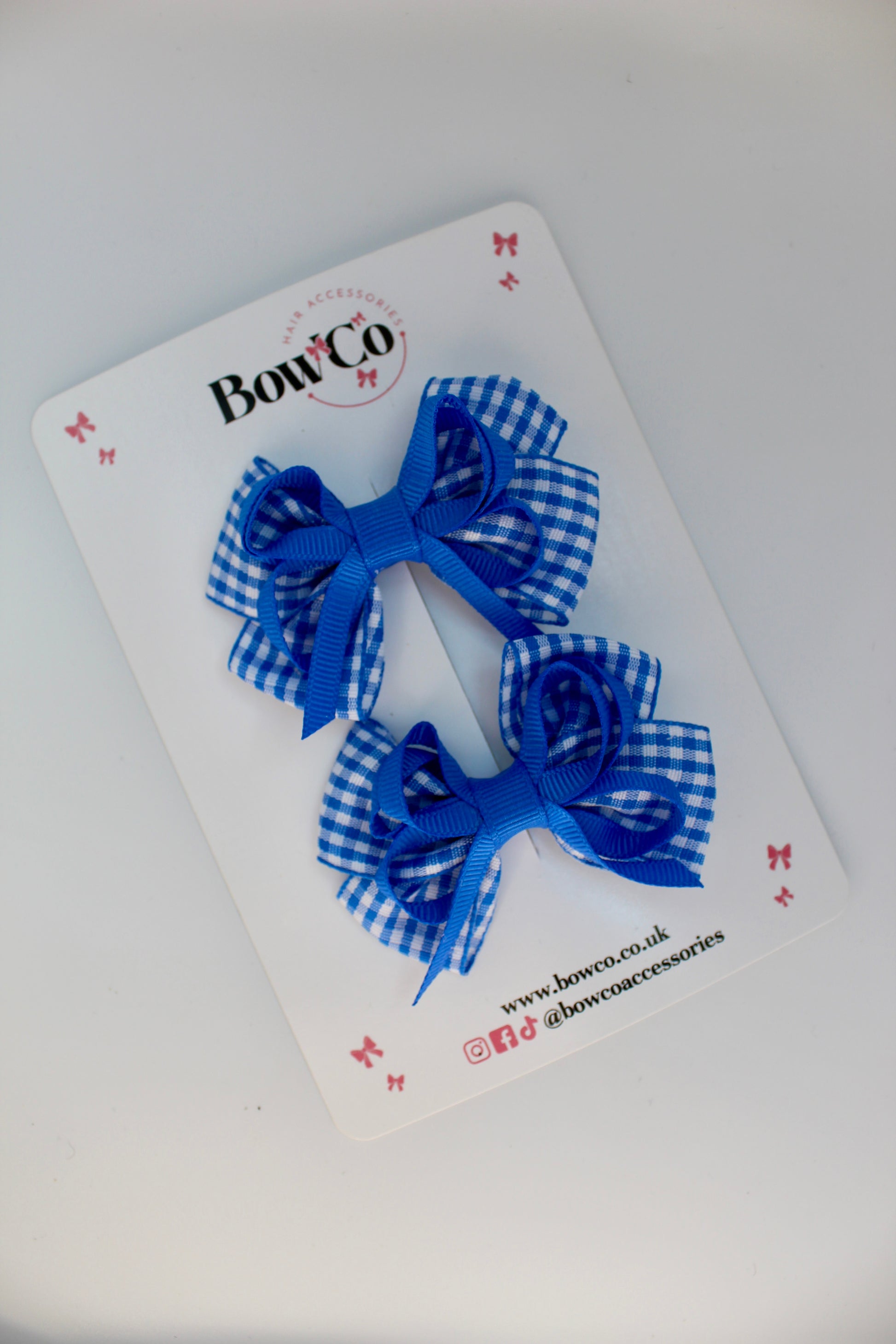 School Royal Blue Gingham Double Bow Set - Clip