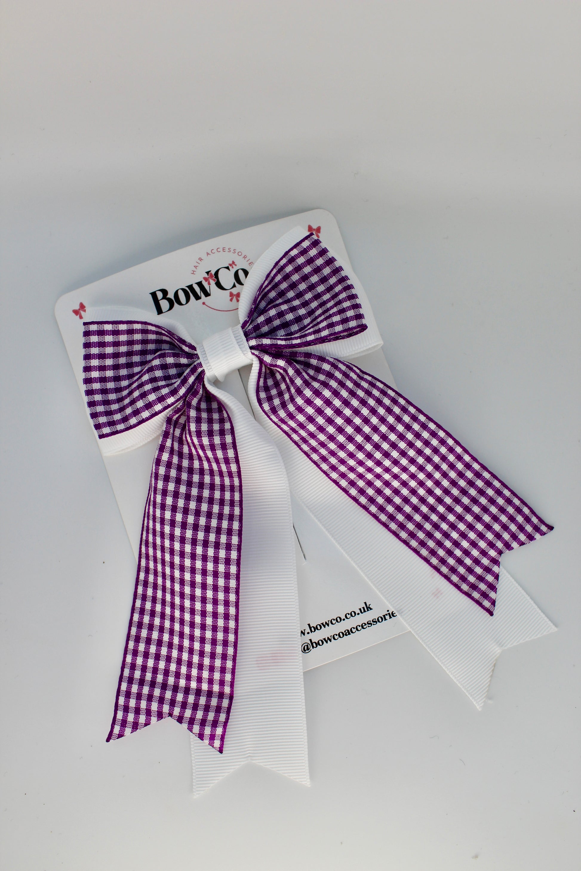 School Purple and White Gingham Classic Tail Bow - Clip