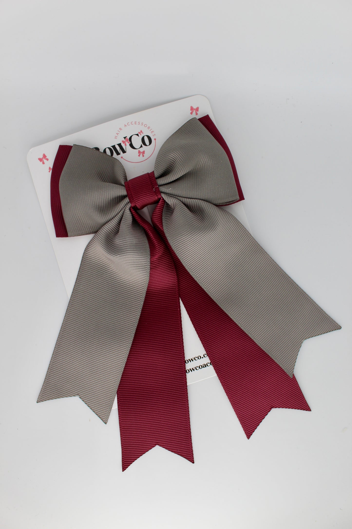 Classic Tail Bow - Clip - Burgundy and Metal Grey