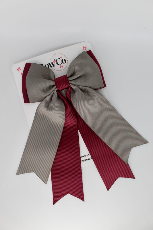 Classic Tail Bow - Clip - Burgundy and Metal Grey