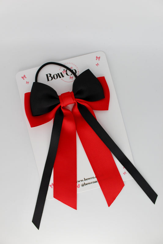 Streamer Tail School Hair Bow – Elastic - Red and Black