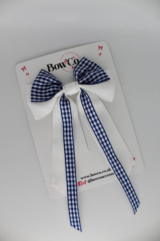 Streamer Tail Bow - Navy Blue Gingham - Clip