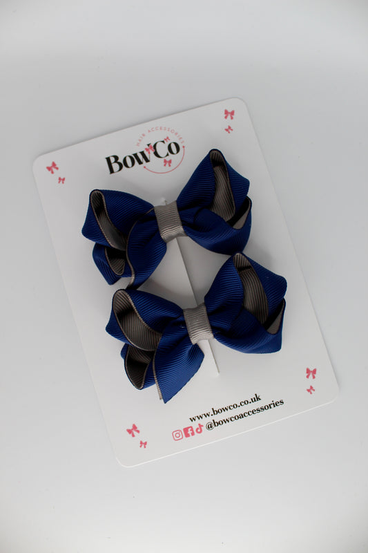 Loop Bow Set - Clip - Navy Blue and Metal Grey