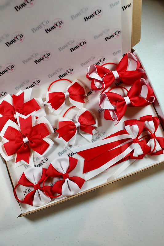 Red & White School Bow Bundle (Medium/Large) - Elastic