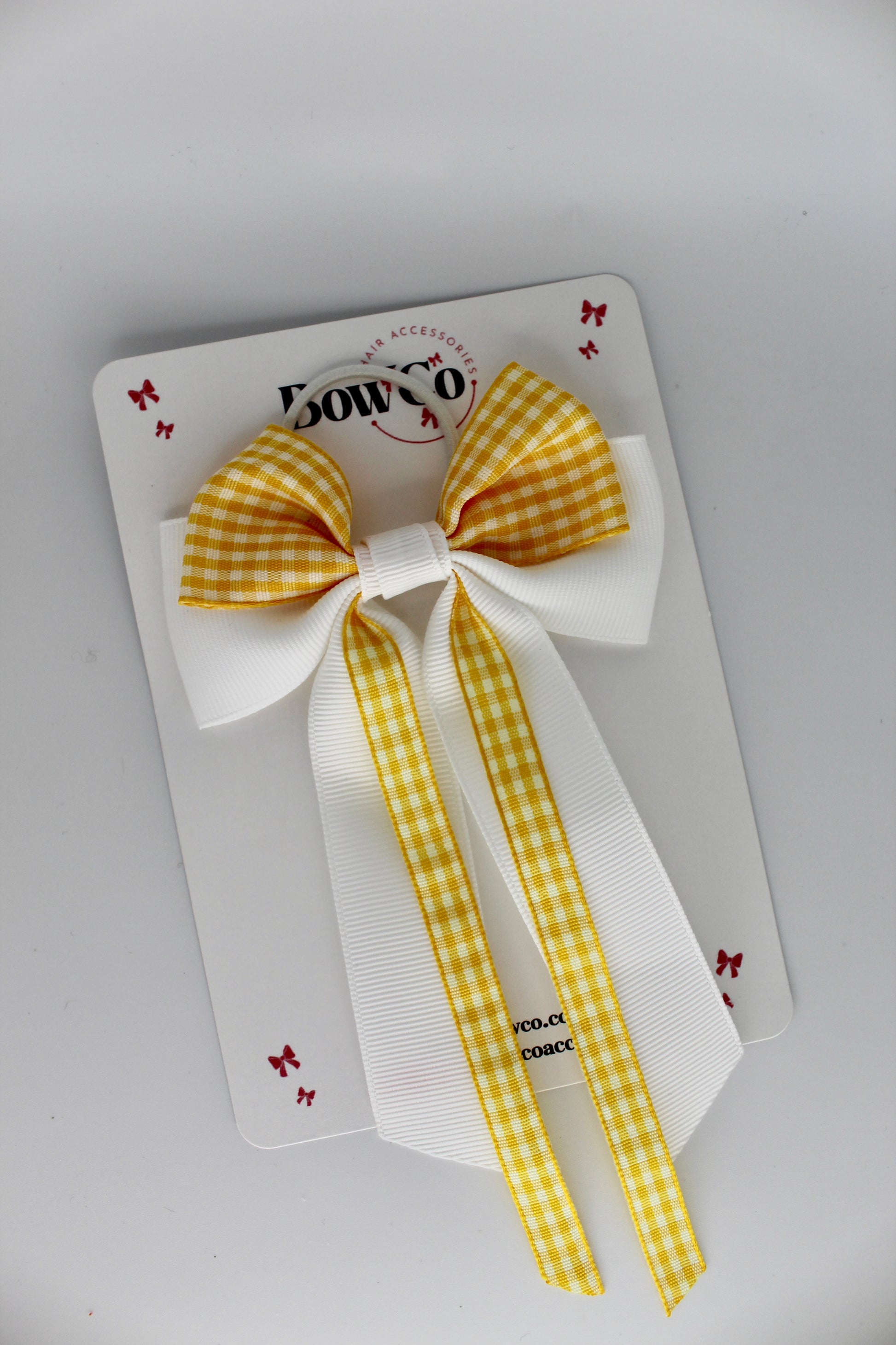 Streamer Tail Bow - Yellow Gingham - Elastic
