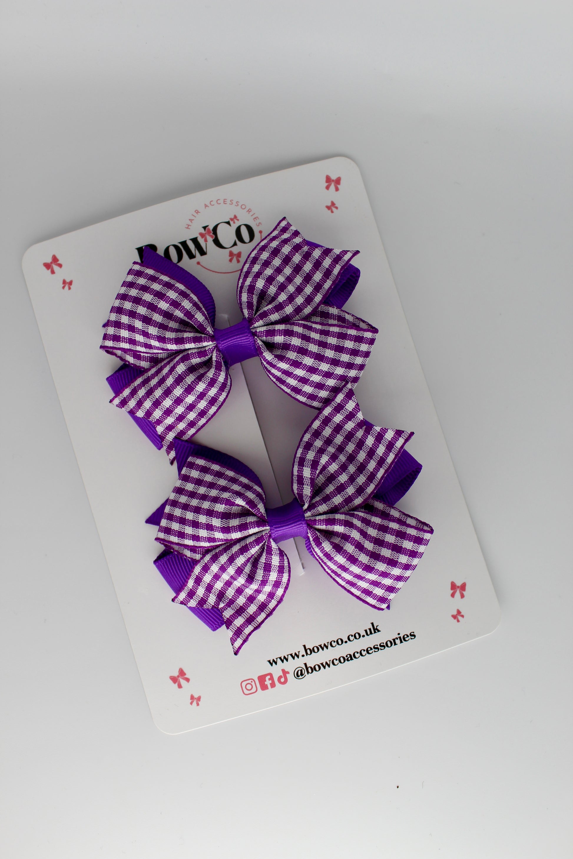 School Purple Gingham Layer Tail Bow Set - Clip