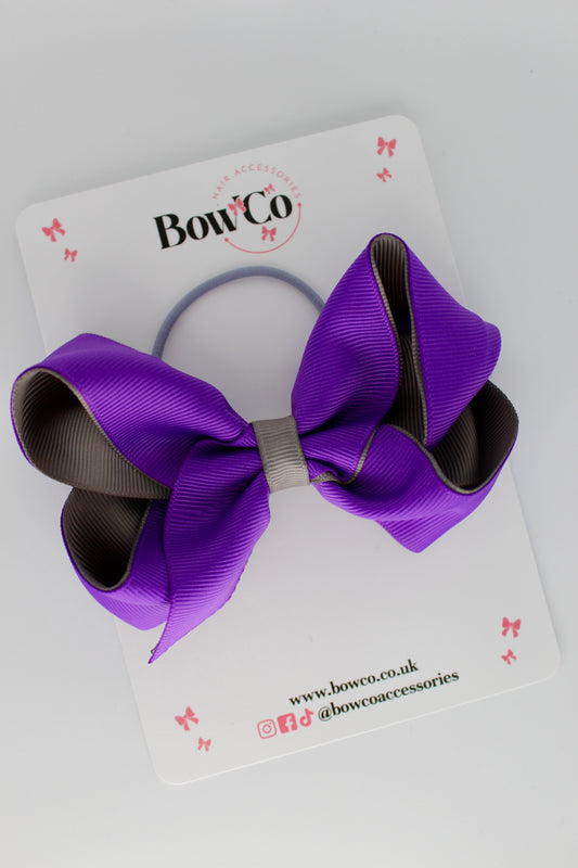 4 Inch Loop Bow - Elastic - Purple and Metal Grey