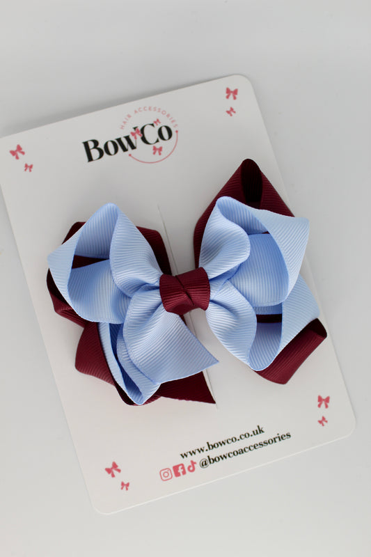 Double Loop School Hair Bow - Clip - Burgundy and Bluebell