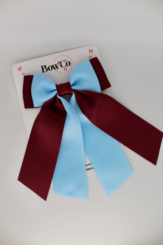 Double Layer Tail Bow - Clip - Burgundy and Blue Topaz