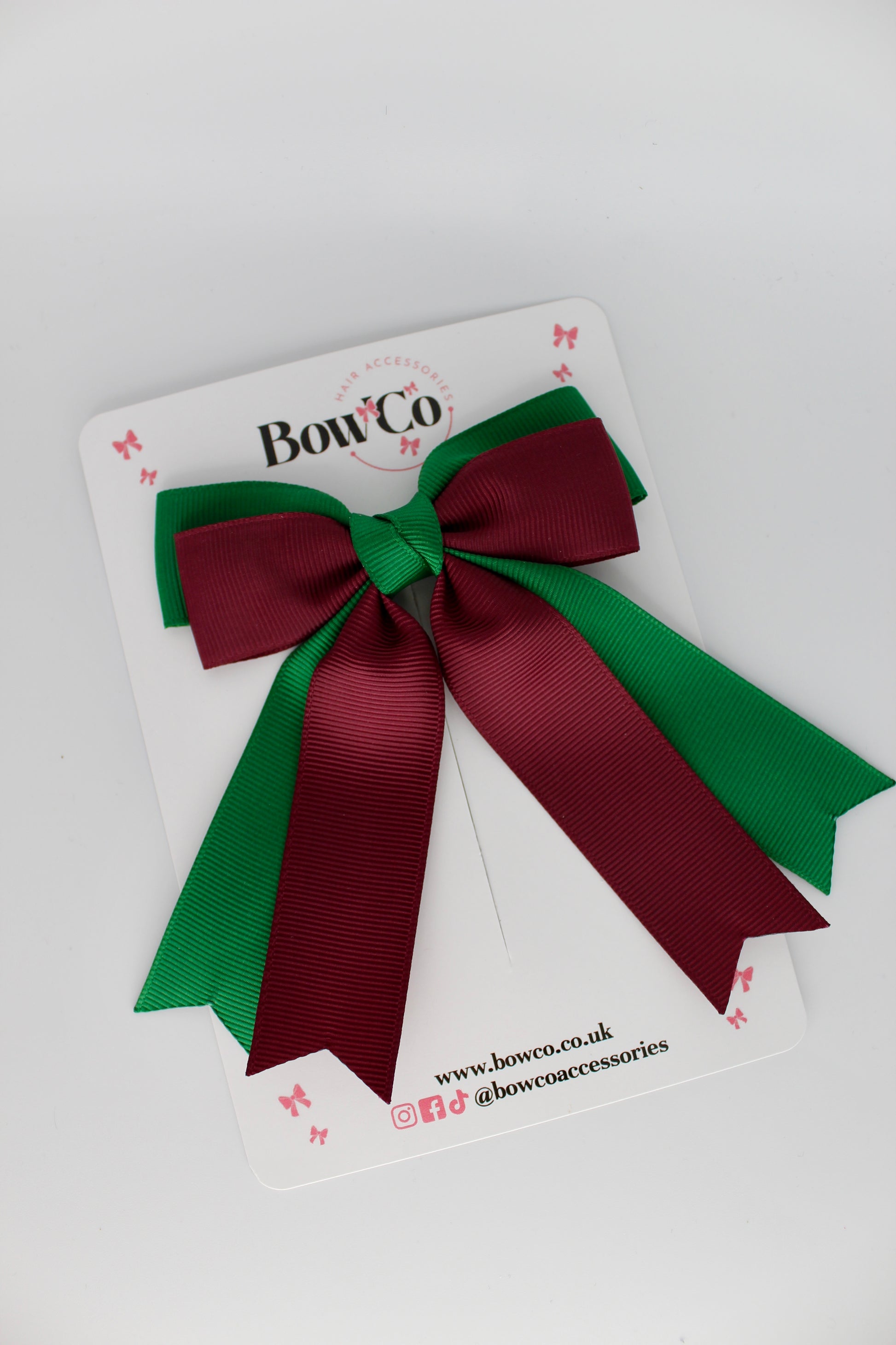 Double Ribbon Tail School Hair Bow – Clip - Forest Green and Burgundy