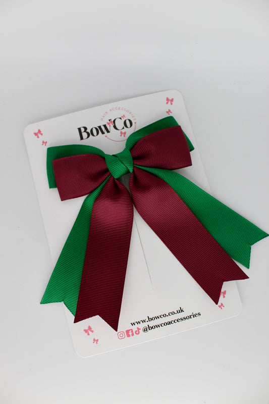 Double Ribbon Tail School Hair Bow – Clip - Forest Green and Burgundy