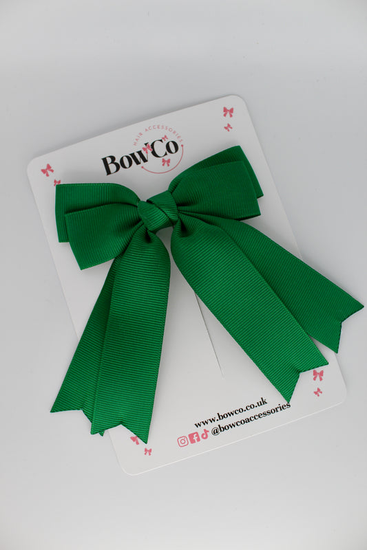 Double Ribbon Tail School Hair Bow – Clip - Forest Green