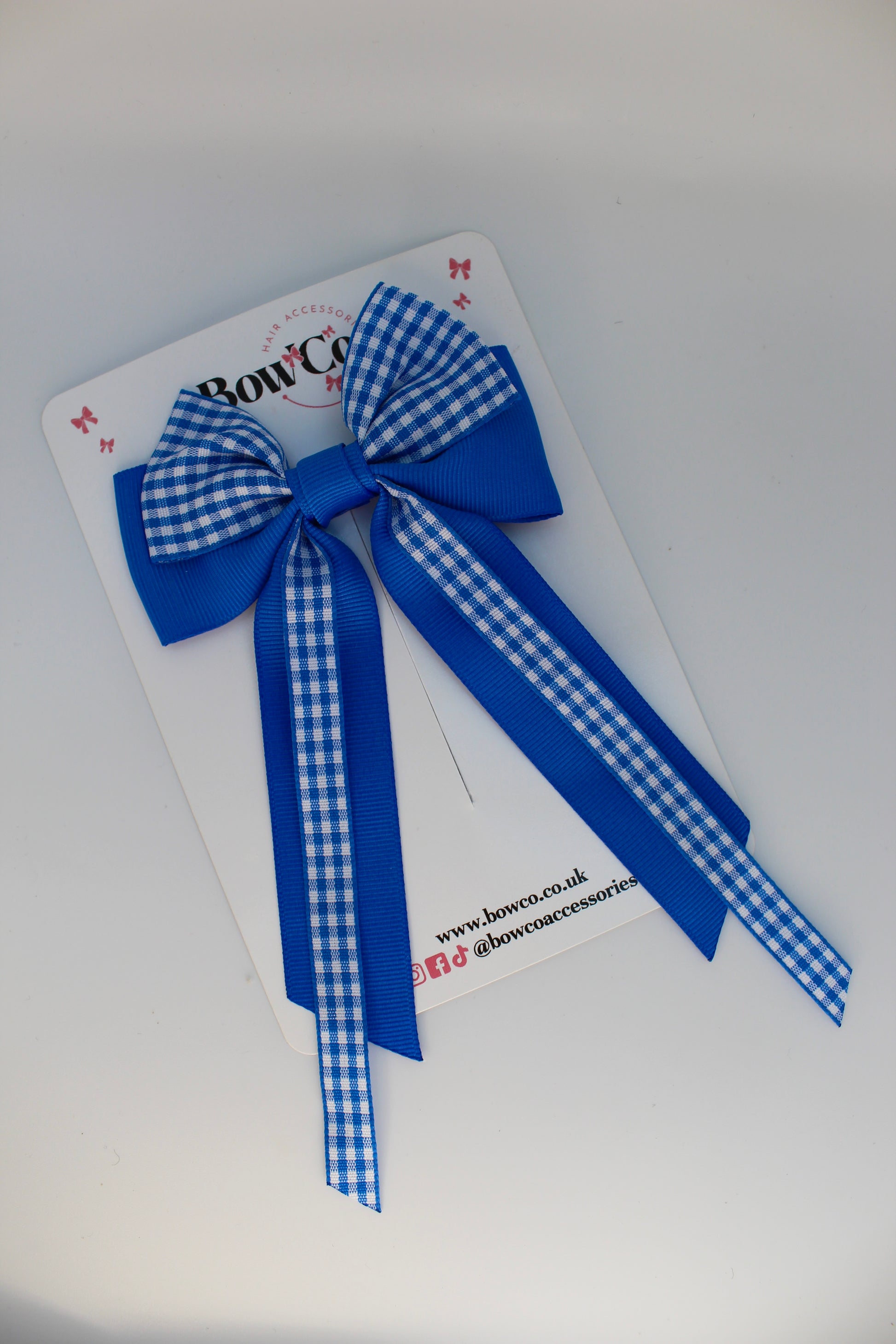 School Royal Blue Gingham Streamer Tail Bow - Clip