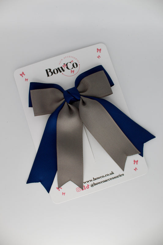 Double Ribbon Tail School Hair Bow – Clip - Navy Blue and Metal Grey
