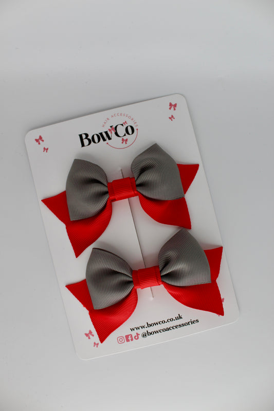 Double Knot Bow Tail Set - Clip - Red and Metal Grey