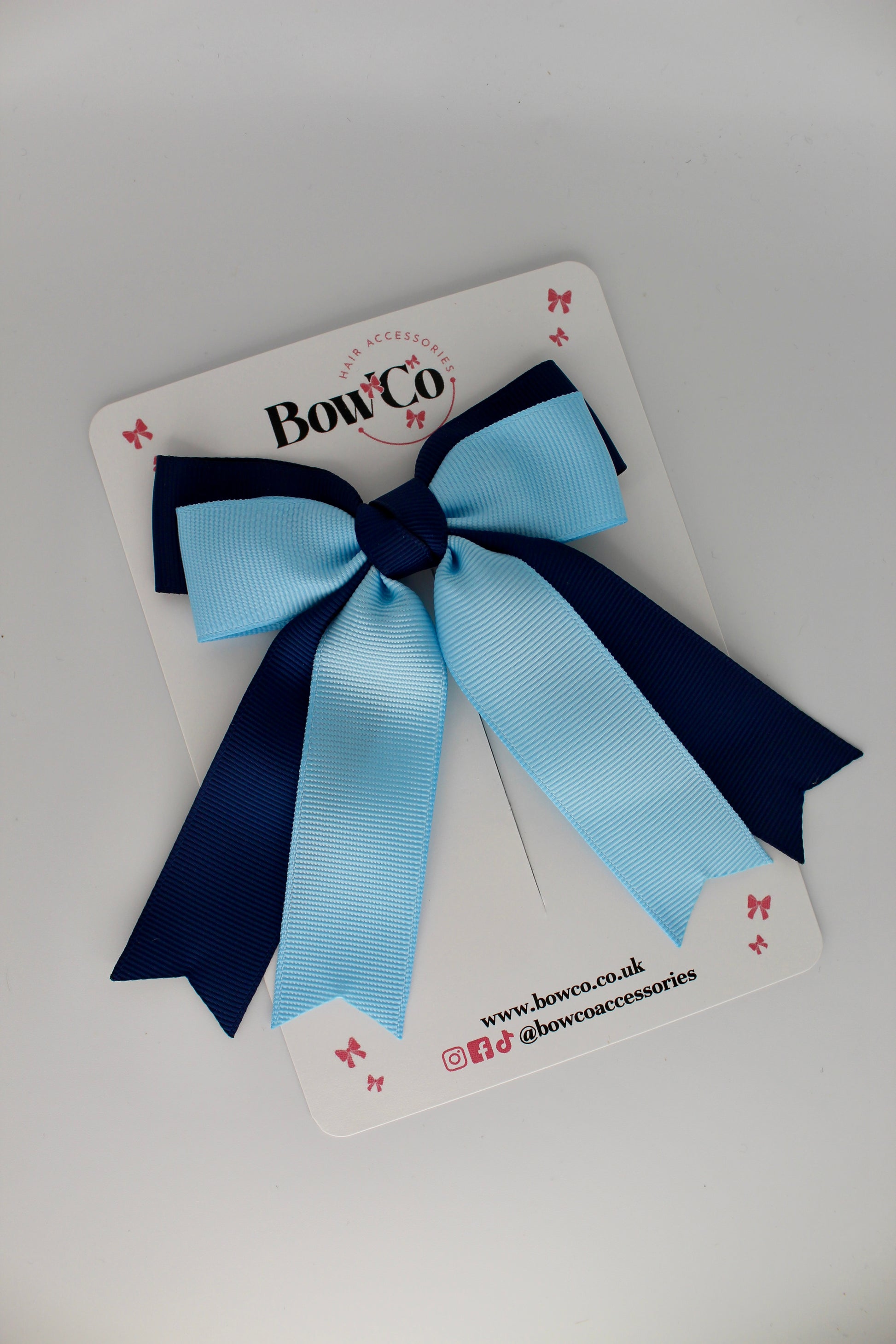 Double Ribbon Tail School Hair Bow – Clip - Navy Blue and Blue Topaz