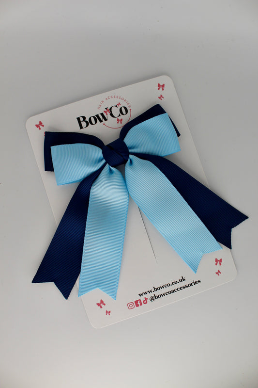 Double Ribbon Tail School Hair Bow – Clip - Navy Blue and Blue Topaz