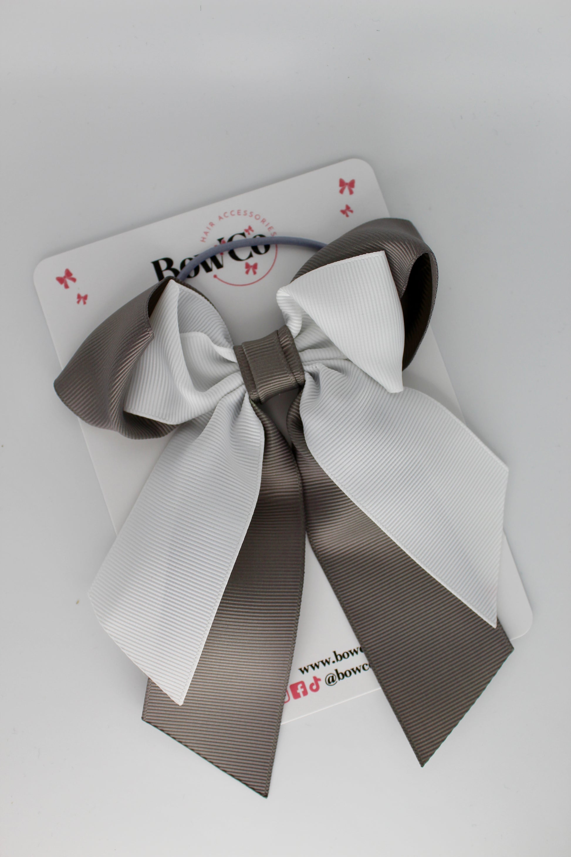 Layer Loop Tail Hair Bow - Elastic - Metal Grey and White