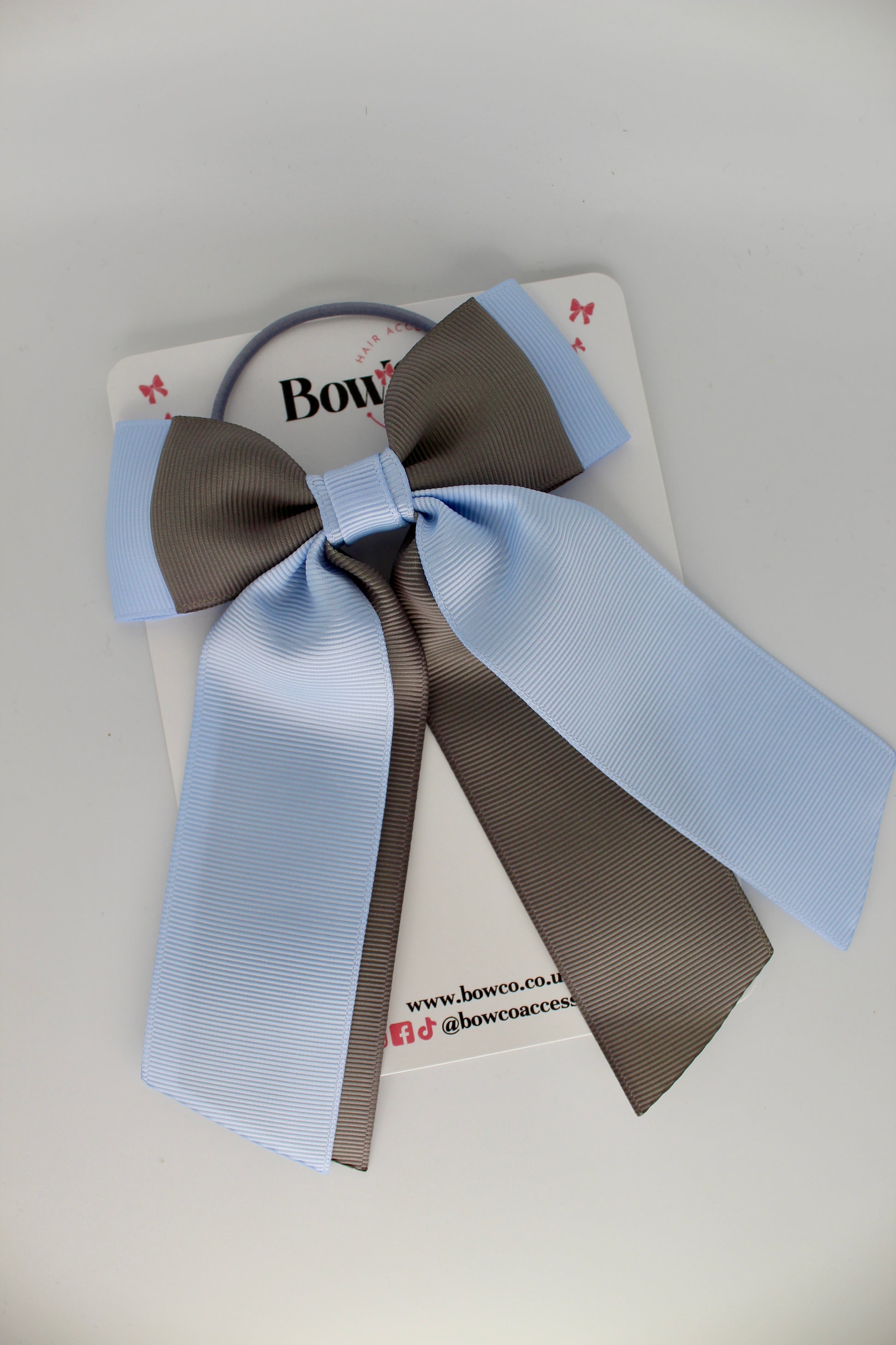 Double Layer Tail Bow – Elastic - Bluebell and Metal Grey