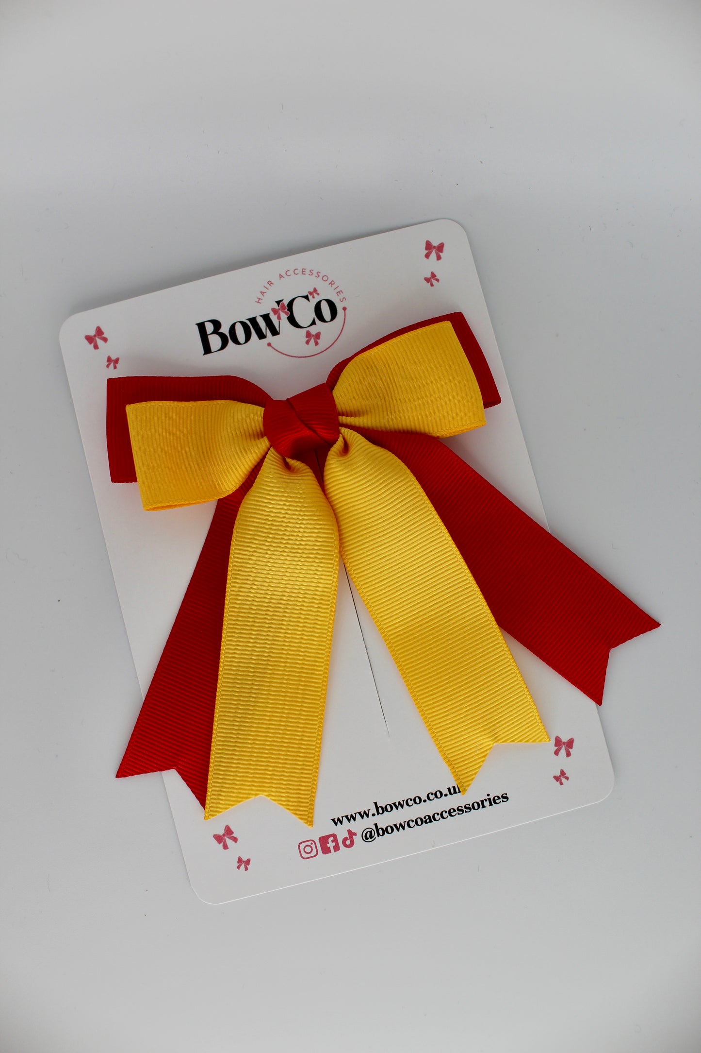 Double Ribbon Tail School Hair Bow – Clip - Red and Yellow Gold