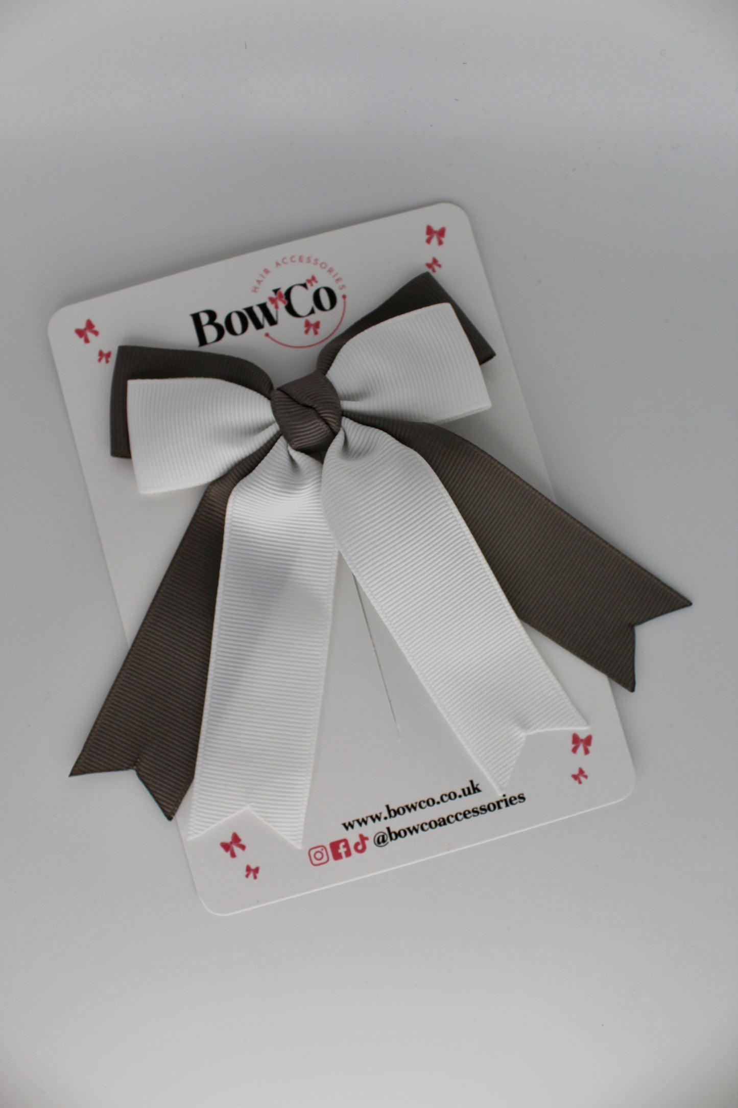 Double Ribbon Tail School Hair Bow – Clip - Metal Grey and White