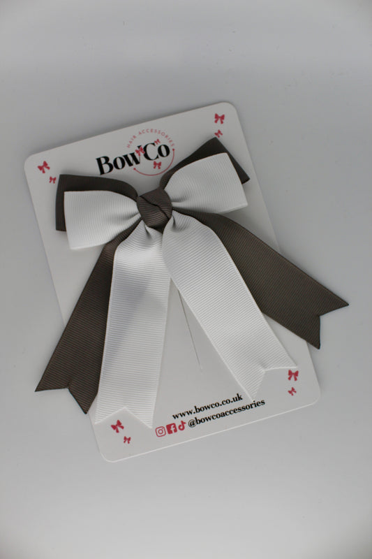 Double Ribbon Tail School Hair Bow – Clip - Metal Grey and White