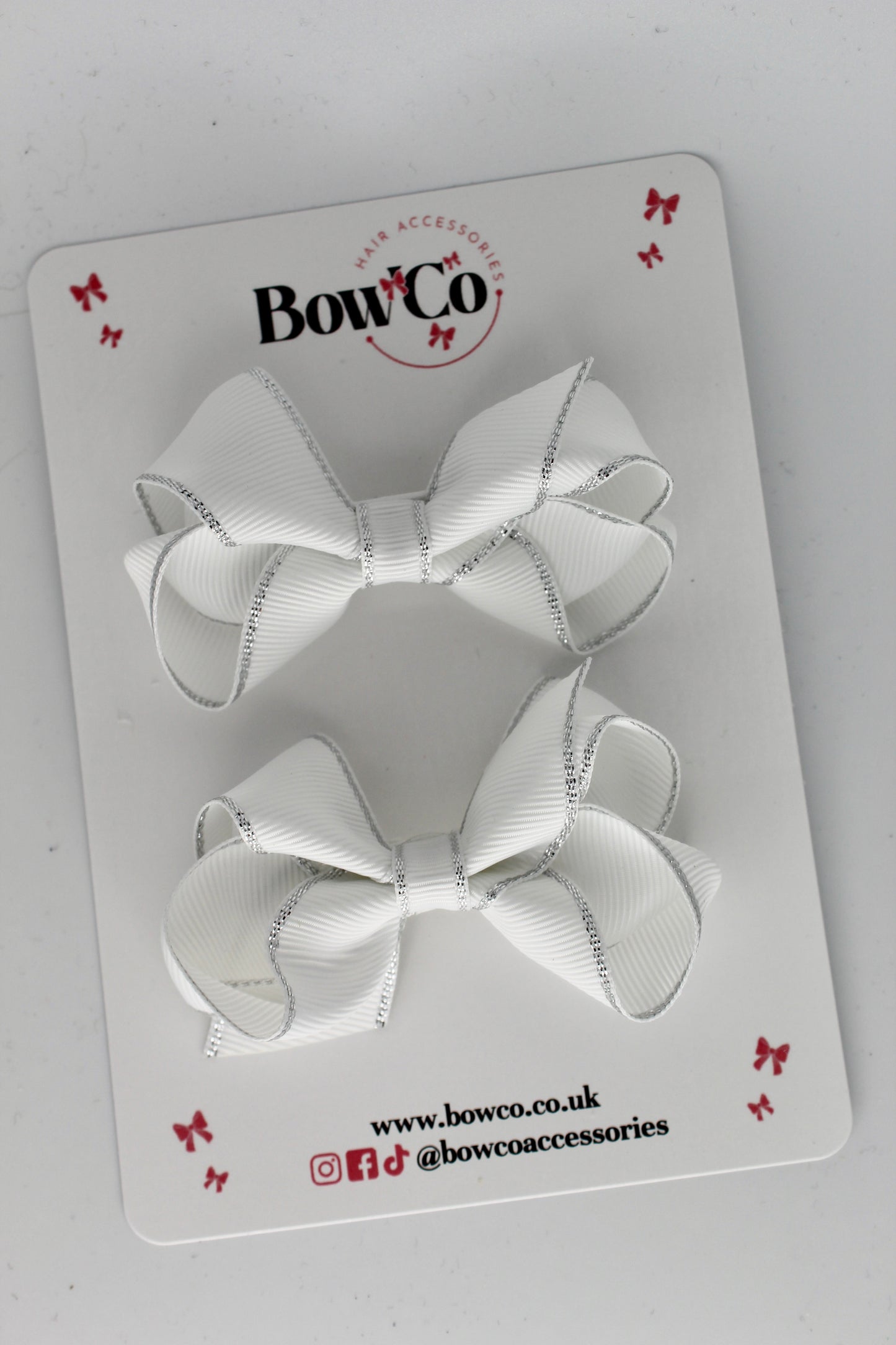 3 Inch Twist Bow with silver edging - White - Clips