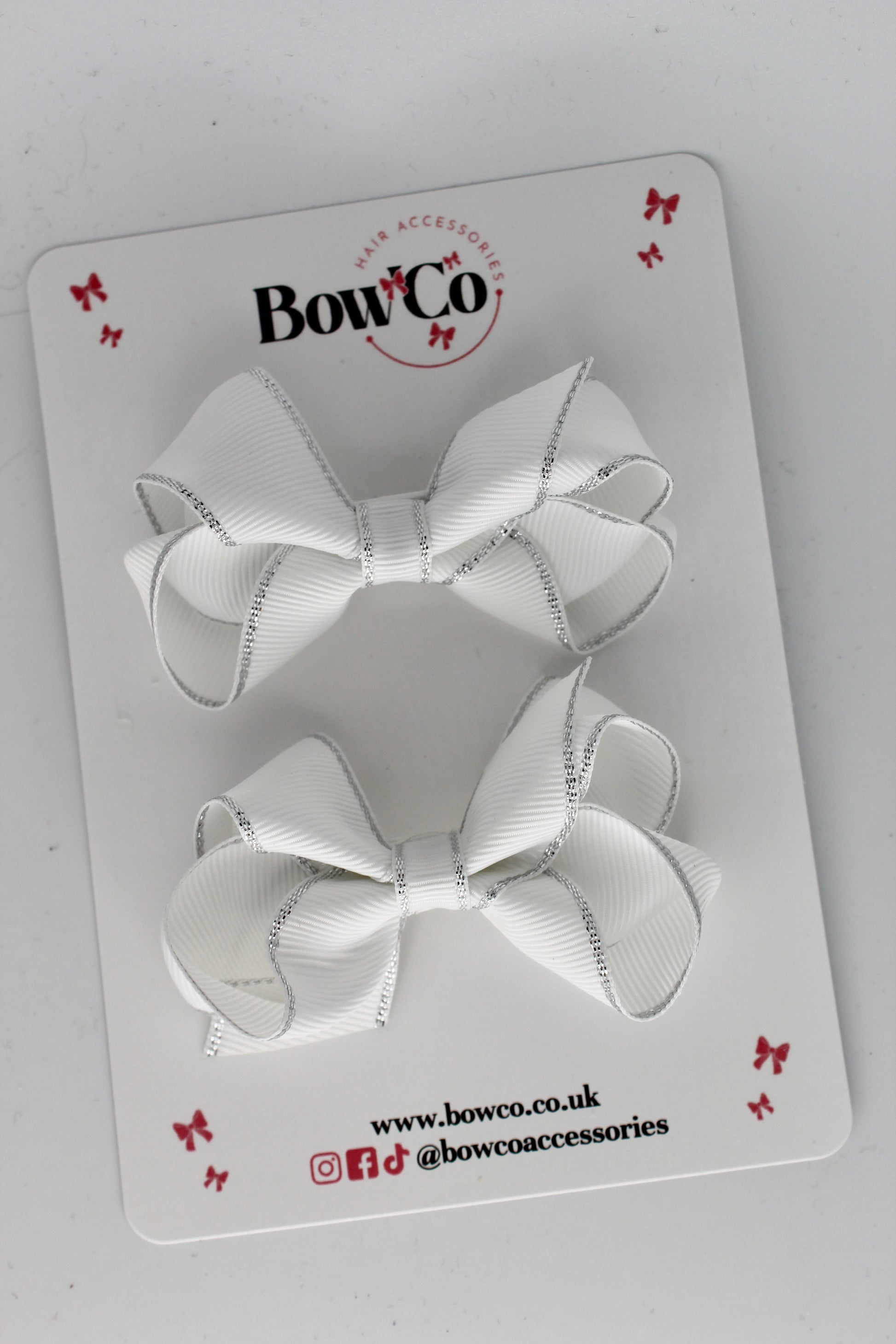 3 Inch Twist Bow with silver edging - White - Clips