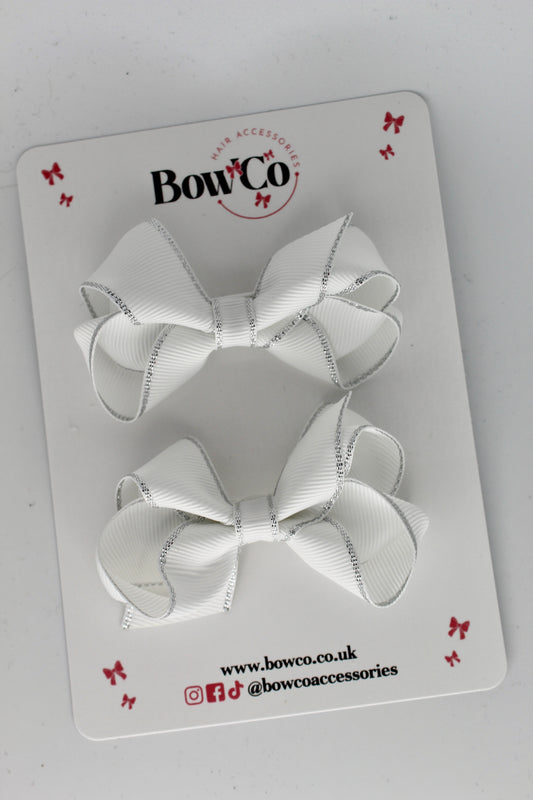 3 Inch Twist Bow with silver edging - White - Clips
