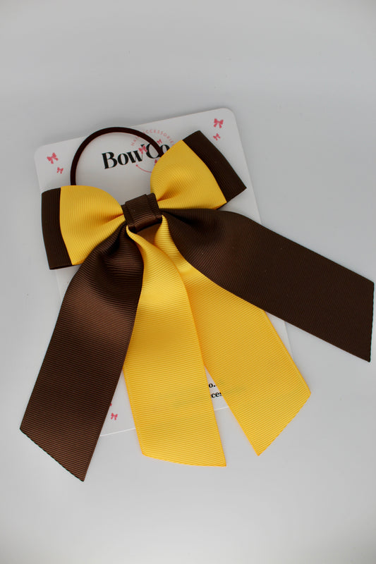 Double Layer Tail Bow – Elastic - Brown and Yellow Gold