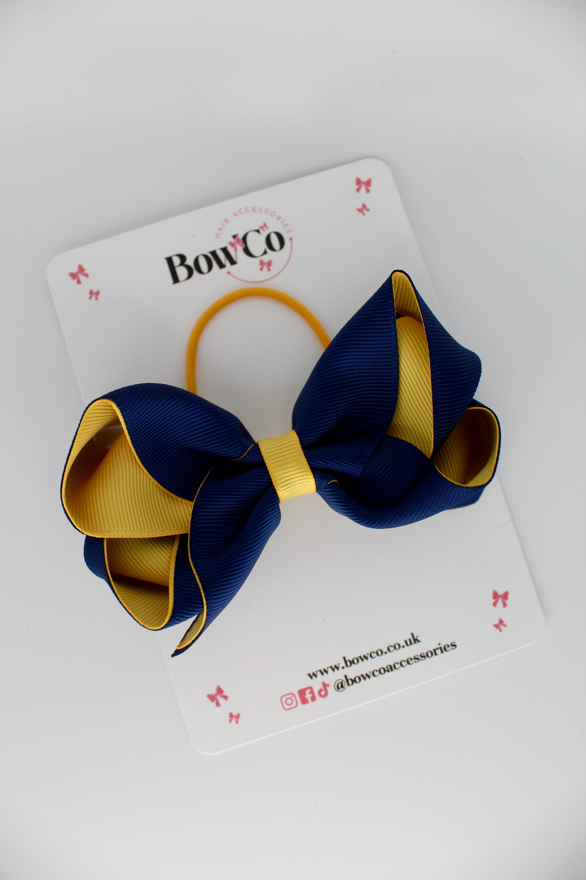 4 Inch Loop Bow - Elastic - Navy Blue and Yellow Gold