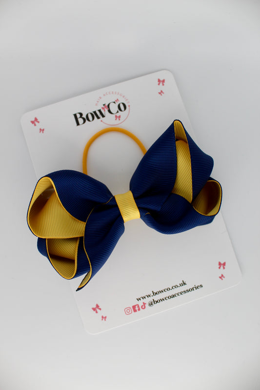 4 Inch Loop Bow - Elastic - Navy Blue and Yellow Gold