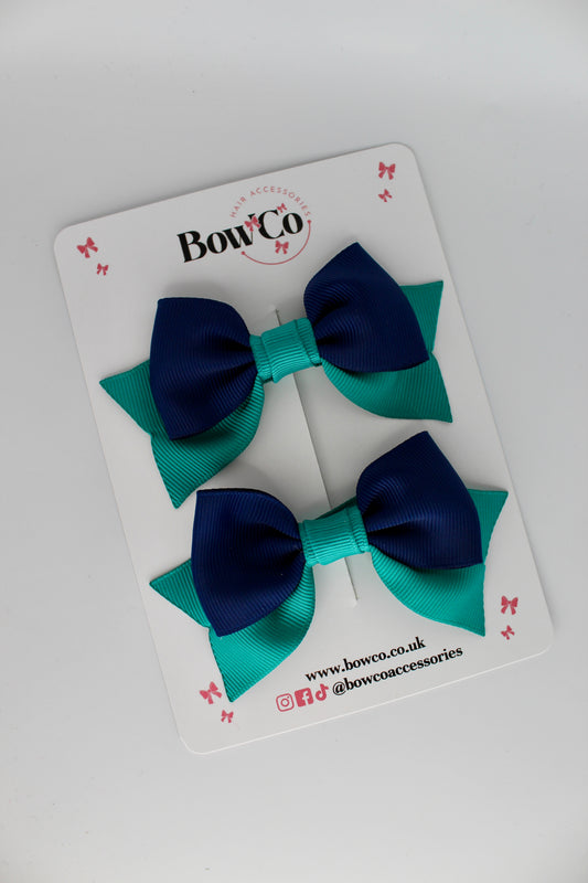 Double Knot Bow Tail Set - Clip - Jade Green and Navy Blue