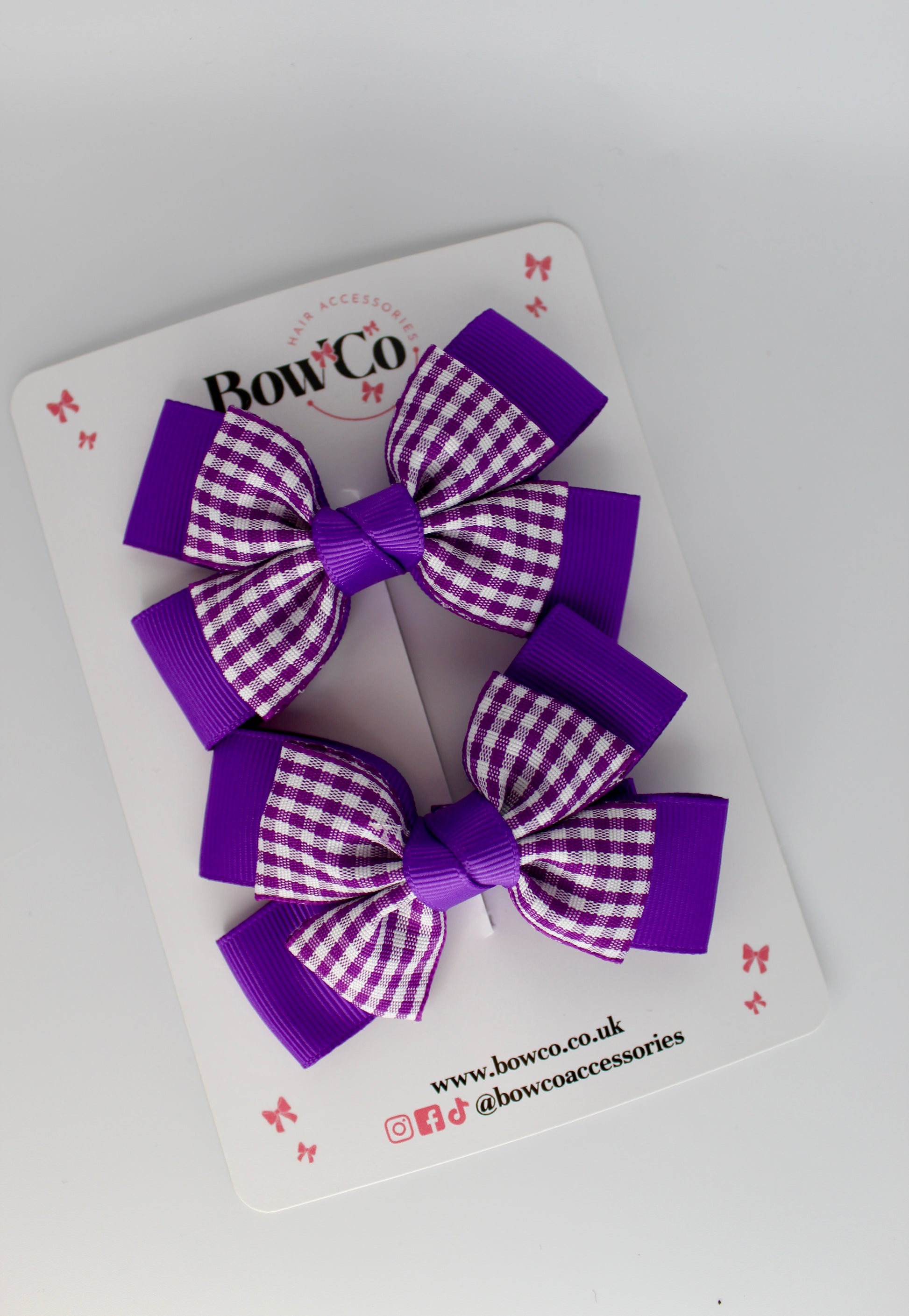 School Purple Gingham Layer Bow Set - Clip