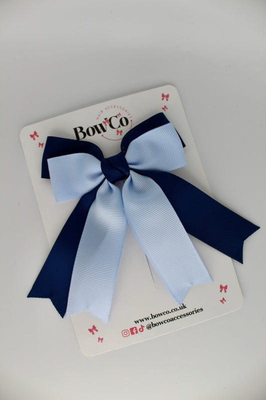 Double Ribbon Tail School Hair Bow – Clip - Navy Blue and Bluebell