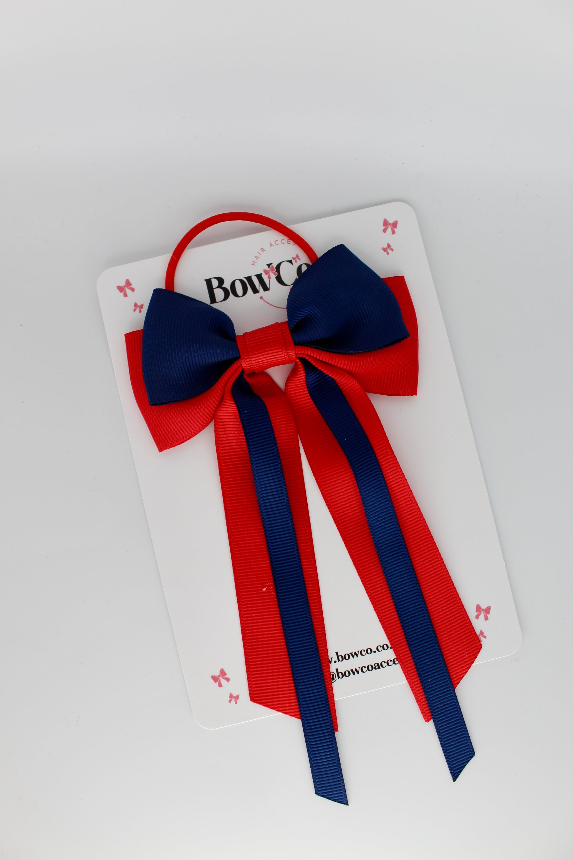 Streamer Tail School Hair Bow – Elastic - Red and Navy Blue
