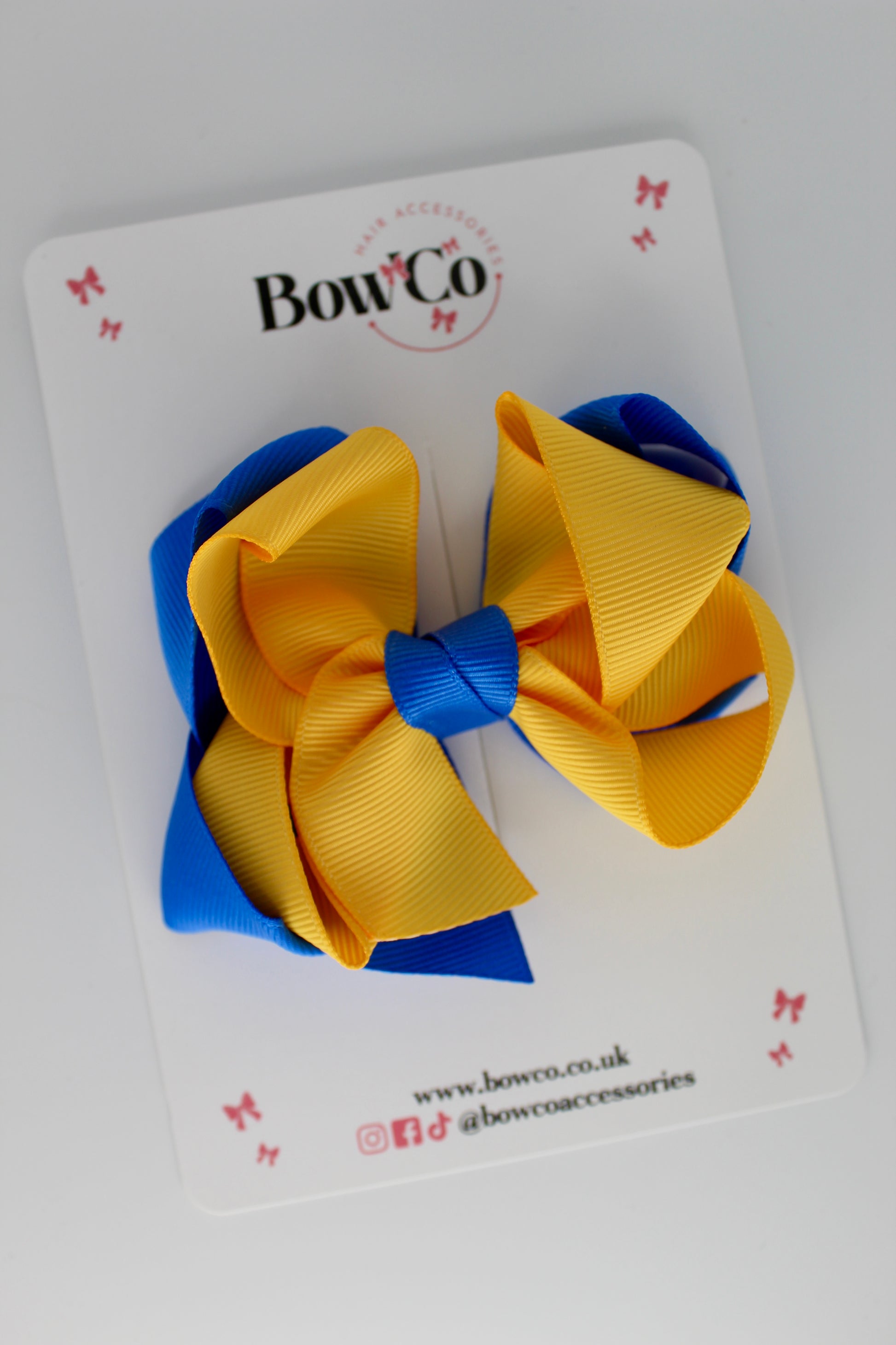 Double Loop School Hair Bow - Royal Blue and Yellow Gold