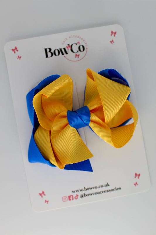 Double Loop School Hair Bow - Royal Blue and Yellow Gold