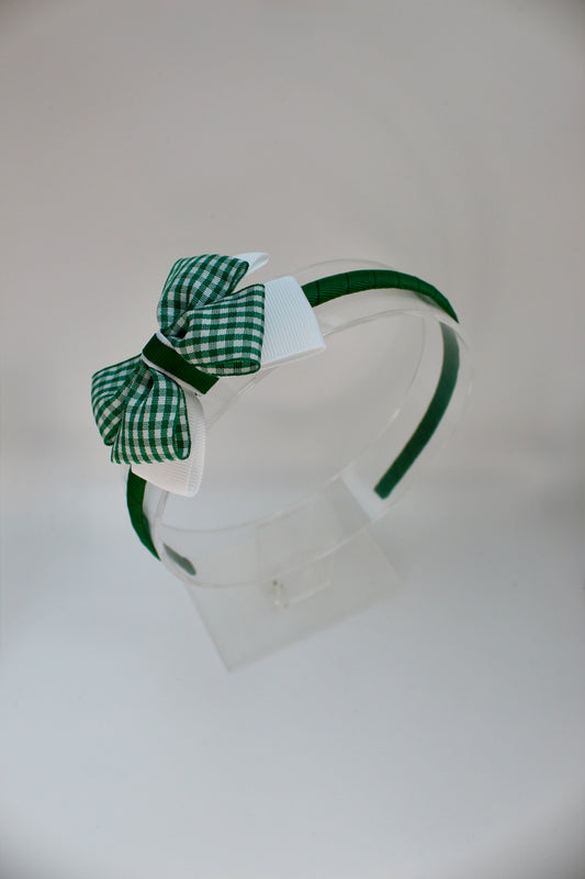 School Hair Accessory - Bow Alice Band - Green Gingham