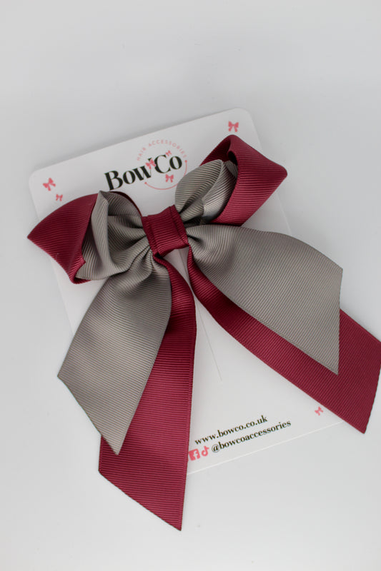 Layer Loop Tail Hair Bow - Clip - Burgundy and Metal Grey