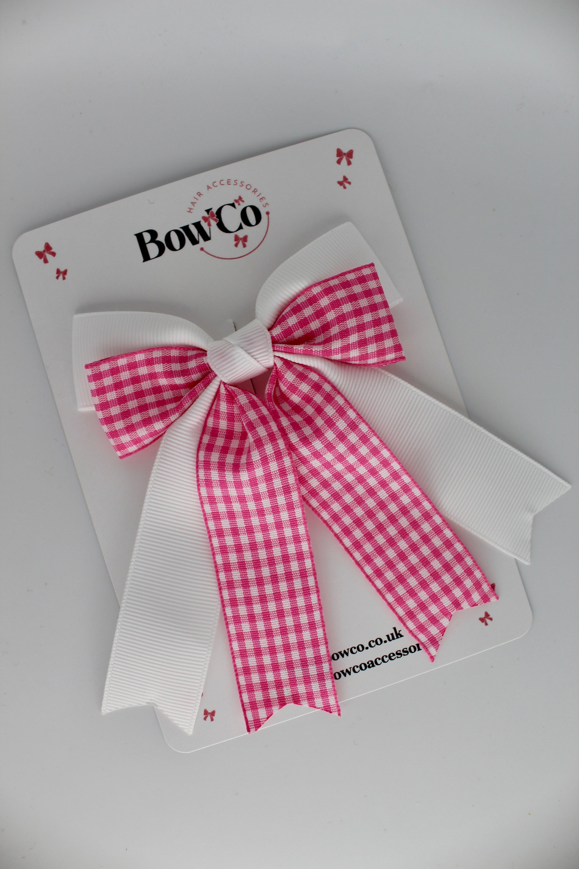 Double Ribbon Tail Bow - Pink Gingham - Clip