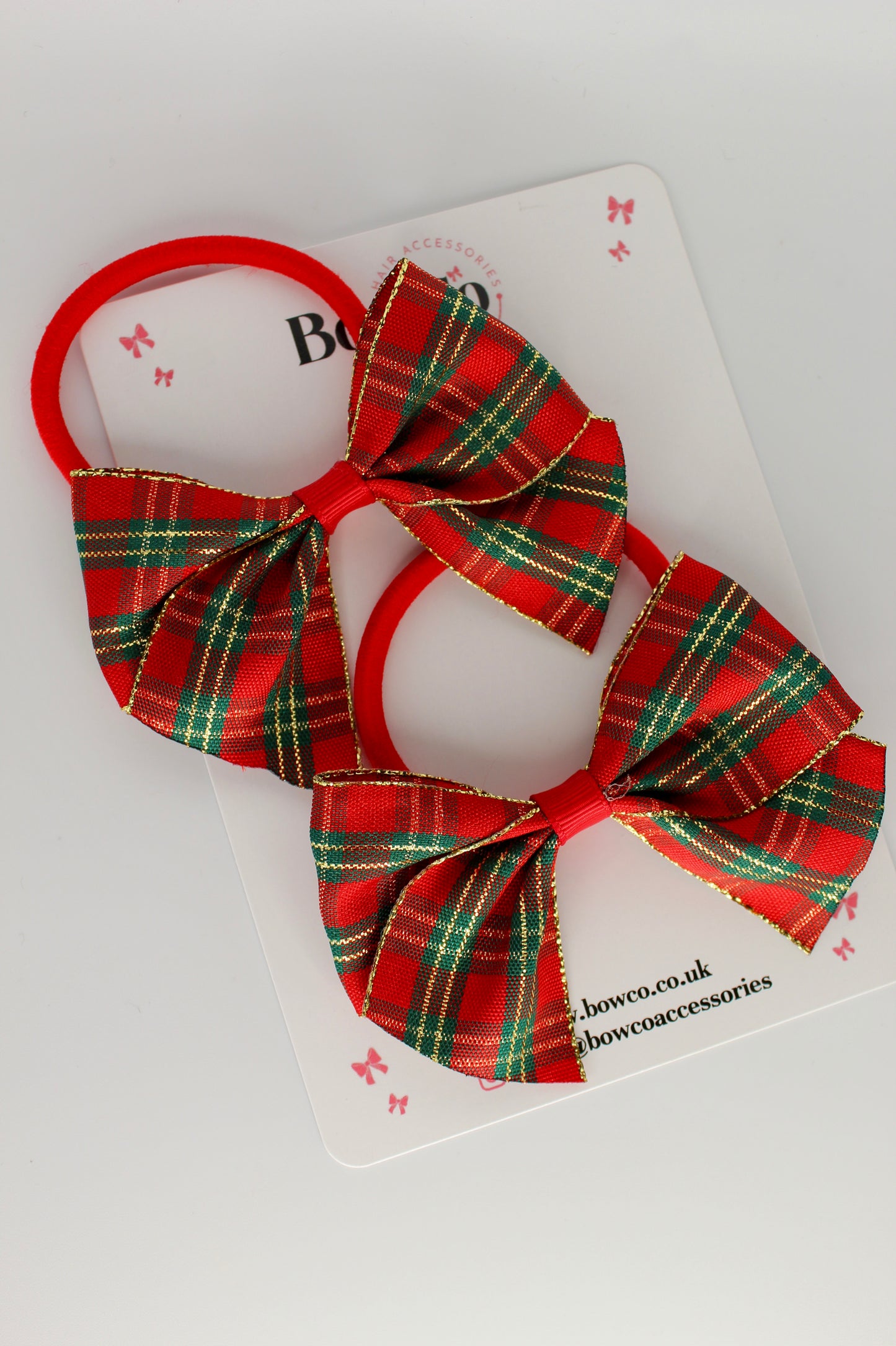Red Gold Tartan Tail Bows Set - Elastic
