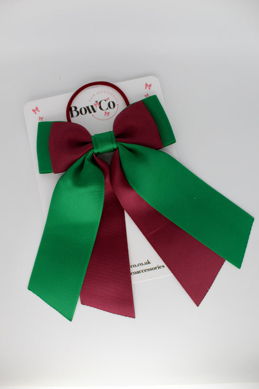 Double Layer Tail Bow – Elastic - Forest Green and Burgundy