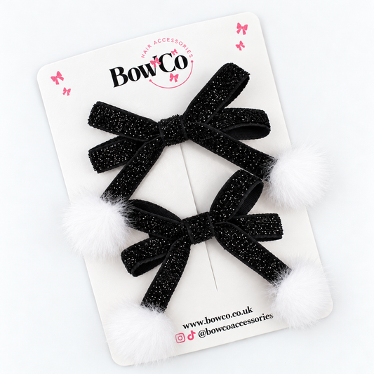 Christmas Black Velvet Pom Pom Hair Bows – Festive Hair Clips | Pack of 2
