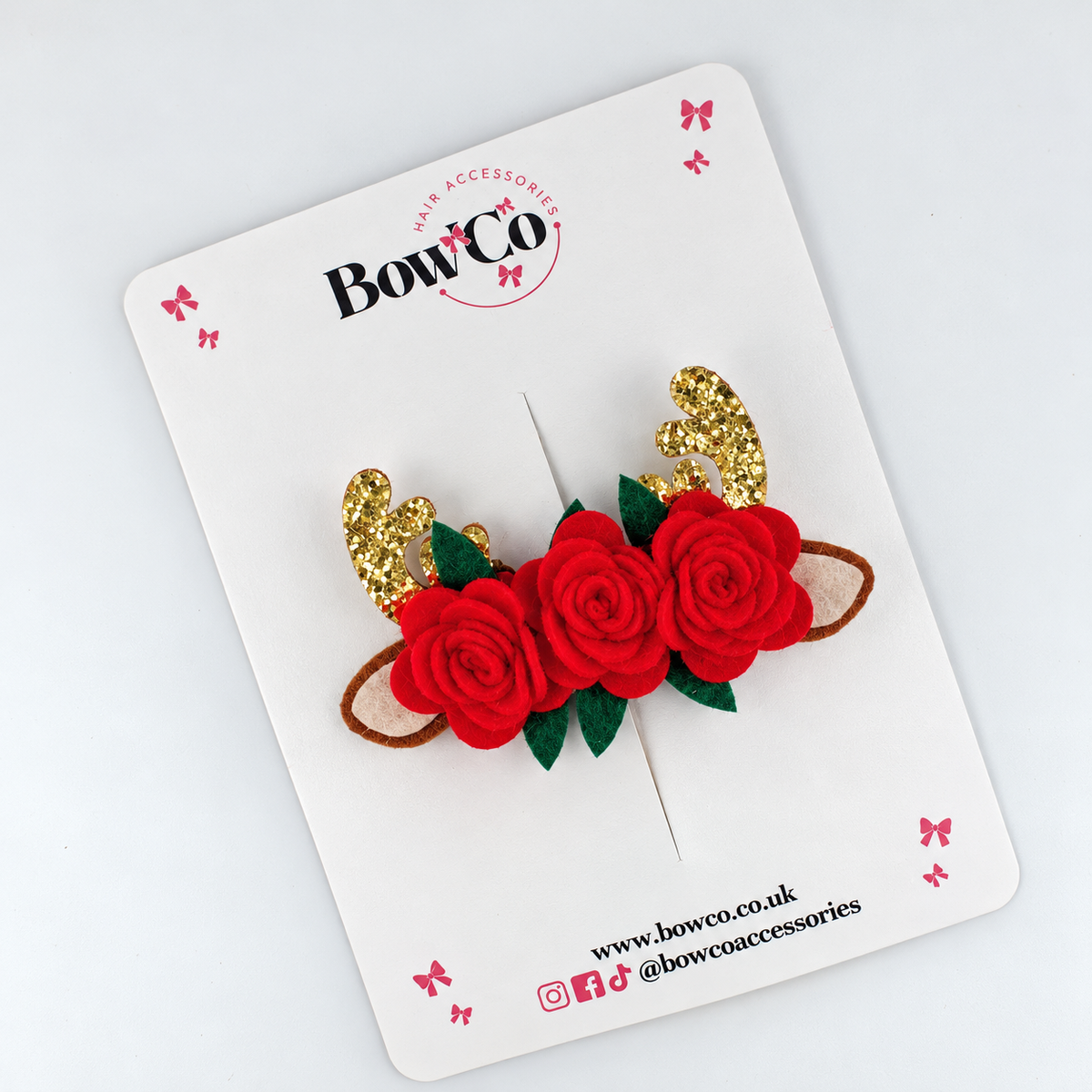 Christmas Reindeer Antler & Red Rose Hair Clip – Festive Girls' Hair Accessory
