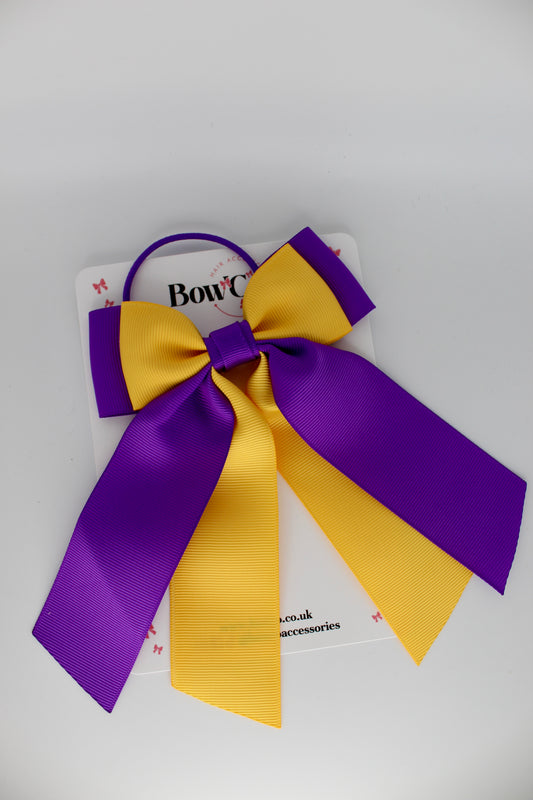 Double Layer Tail Bow – Elastic - Purple and Yellow Gold