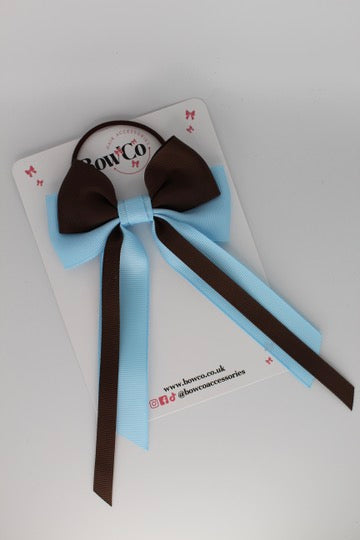 Streamer Tail School Hair Bow – Elastic - Blue Topaz and Brown