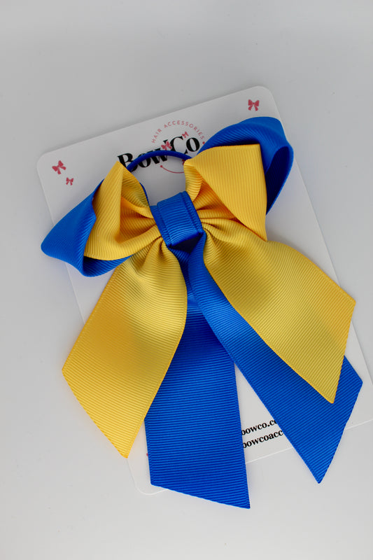 Layer Loop Tail Hair Bow - Elastic - Royal Blue and Yellow Gold